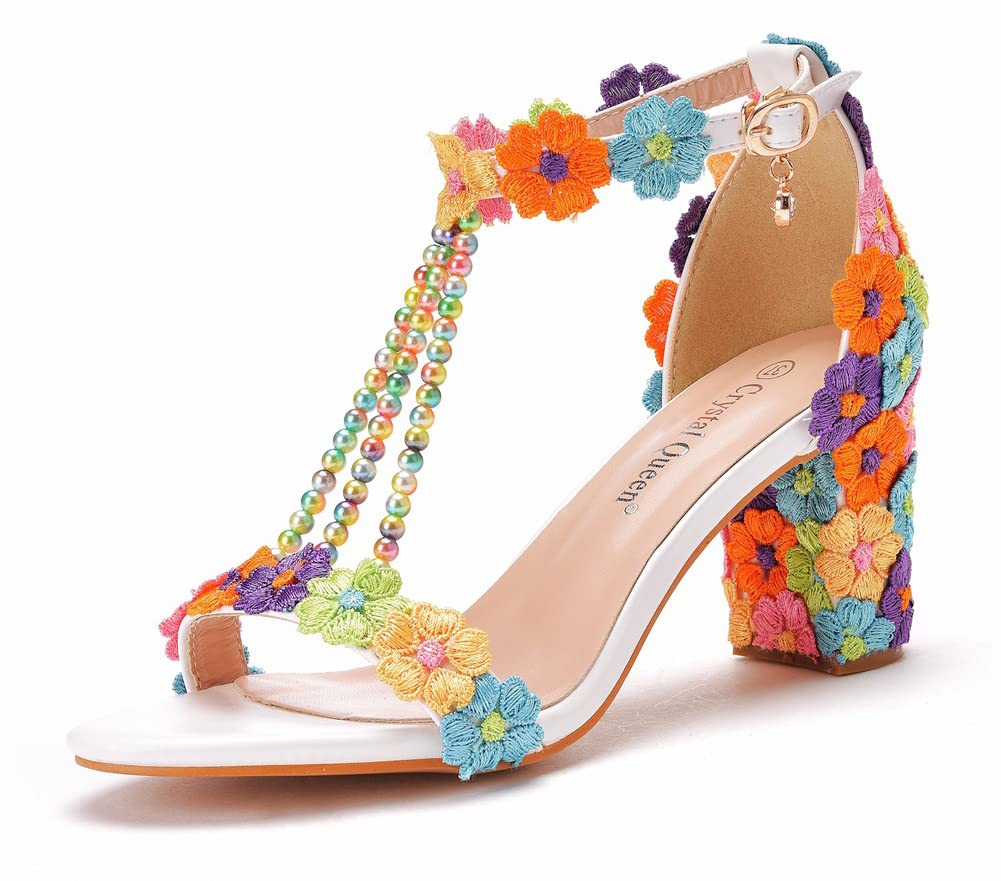 Donne Sandali con Tacco, Sexy Perline Ricamate da 7 cm Sandalo quadrate Sandalo Estate Scarpe da Sposa Scarpe Elementi,Color,38 EU