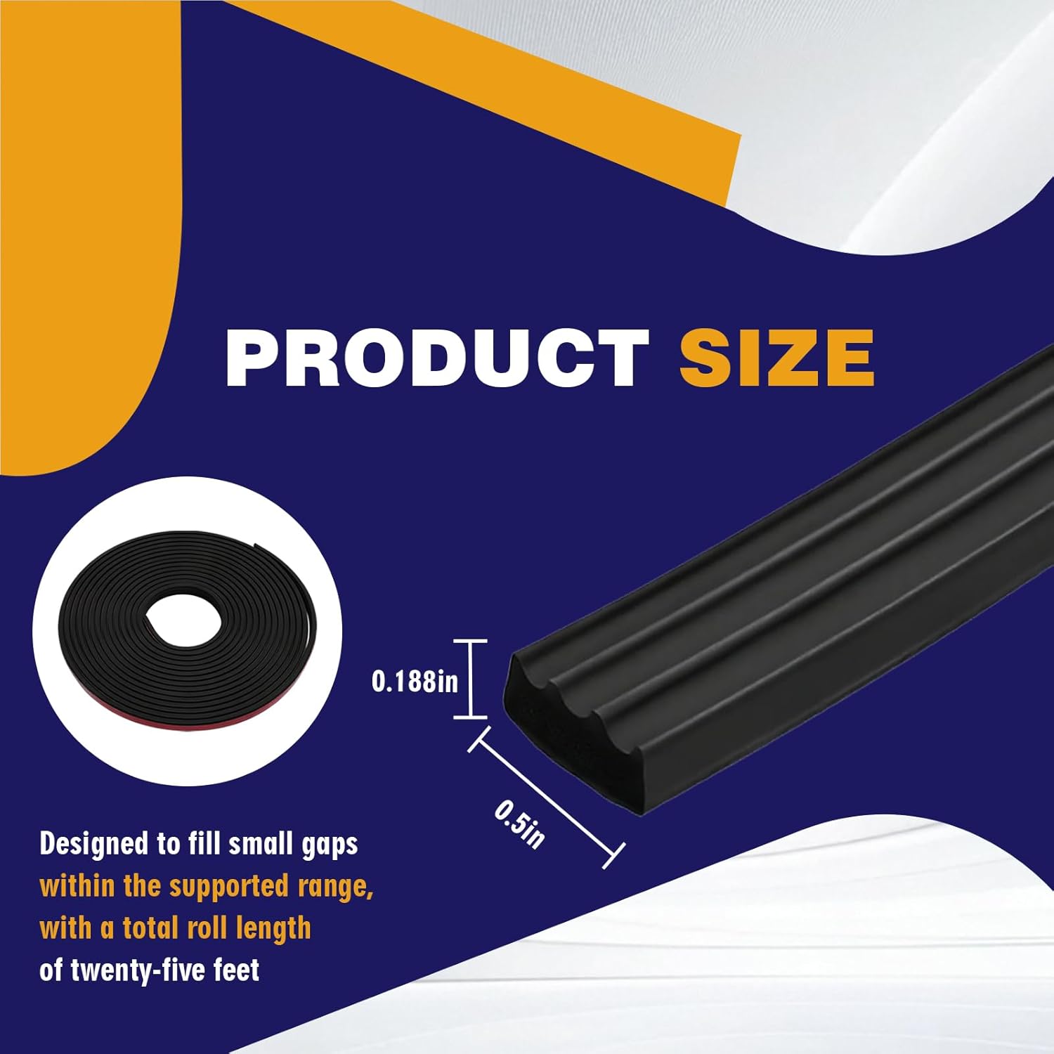 Ribbed Rubber Weather Stripping 1/2" Wide X 25FT EPDM Adhesive Seal Strip, Rectangle Rubber Seal for RV Window, Garage Door Weather Stripping, Trailer Door Seal, Car Door Seal