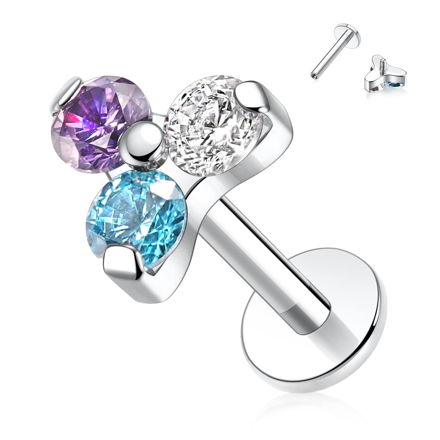 hengkaixuan 16G Titanium Labret Studs - Internally Threaded Flatback - Unisex - Silver - Piercing Jewellery — view 18