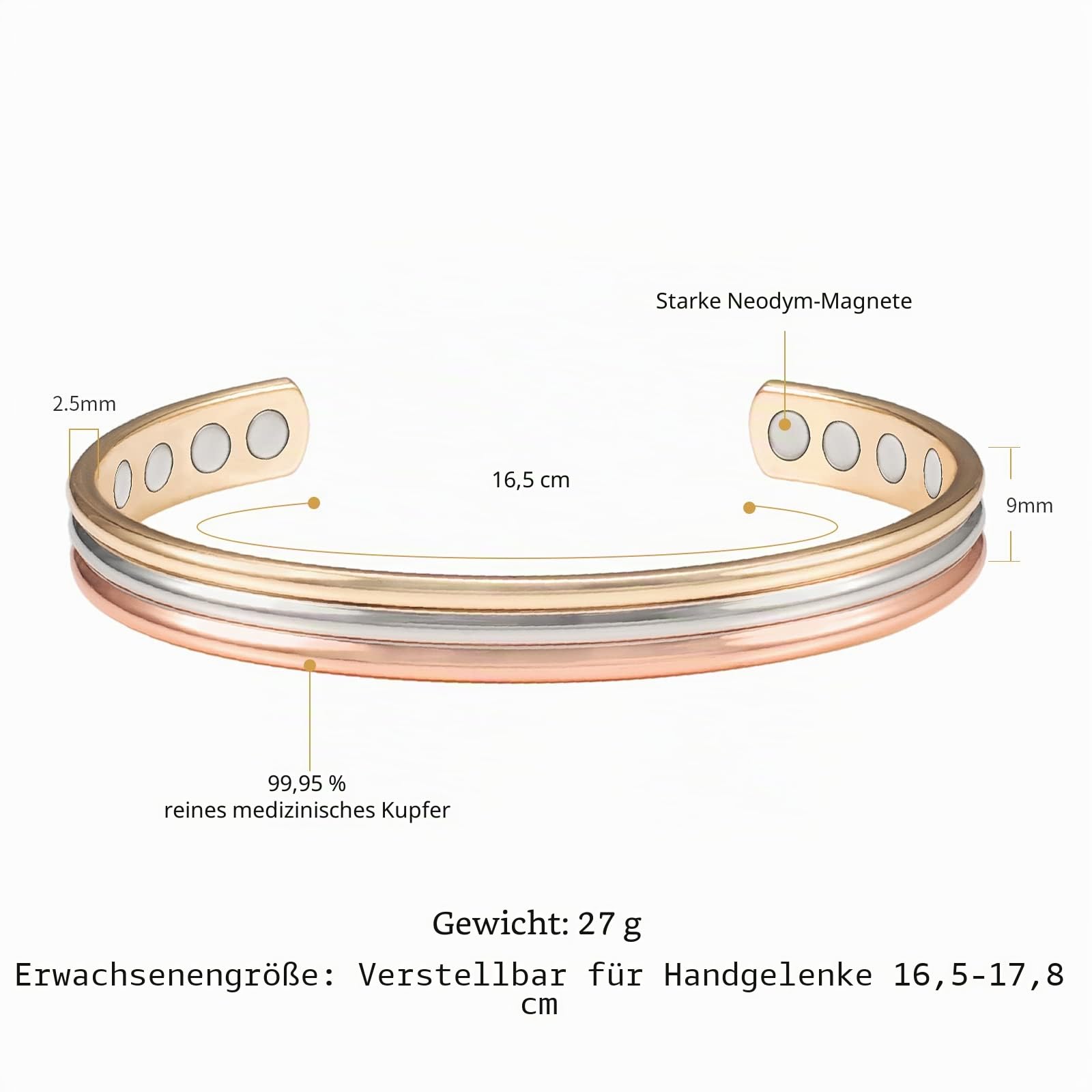 Tri-Tone Magnetische Kupfer-Armreifen und -Ring für Frauen oder Männer, 8 Magnete, verstellbare Größe 16,5 cm, perfektes Mutter- oder Ehefrau-Geschenk