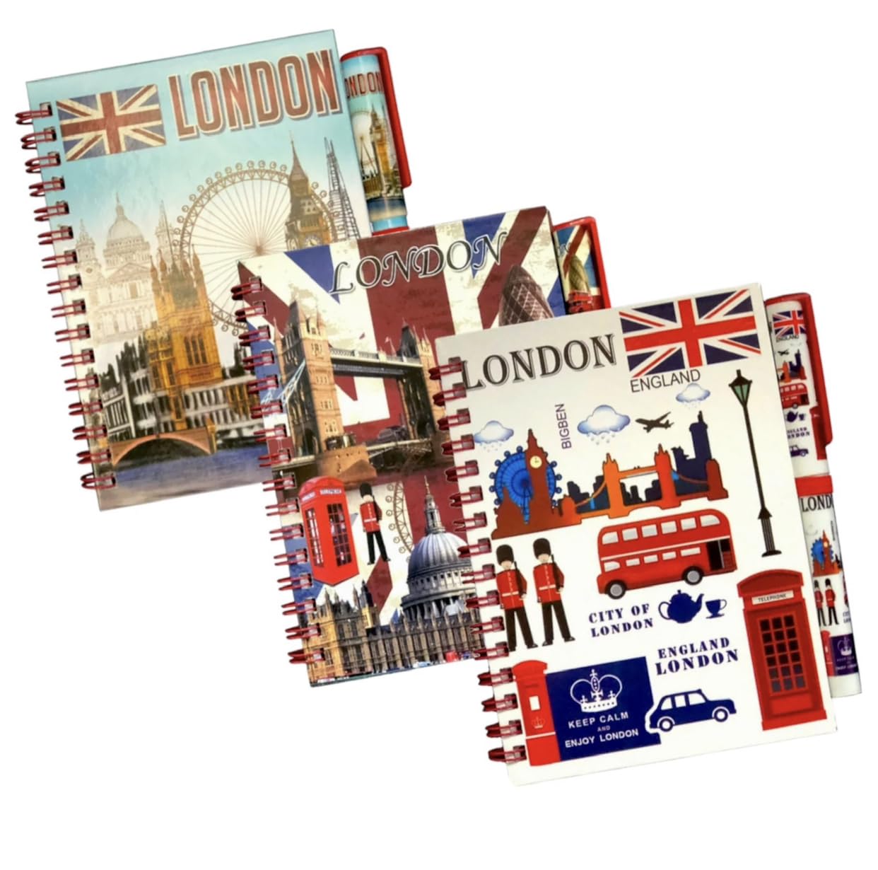 Set of 3 London Souvenir Notebooks & Pen, Union Jack Notepad, British Gift, Famous London Landmark Notebook With Matching Pen