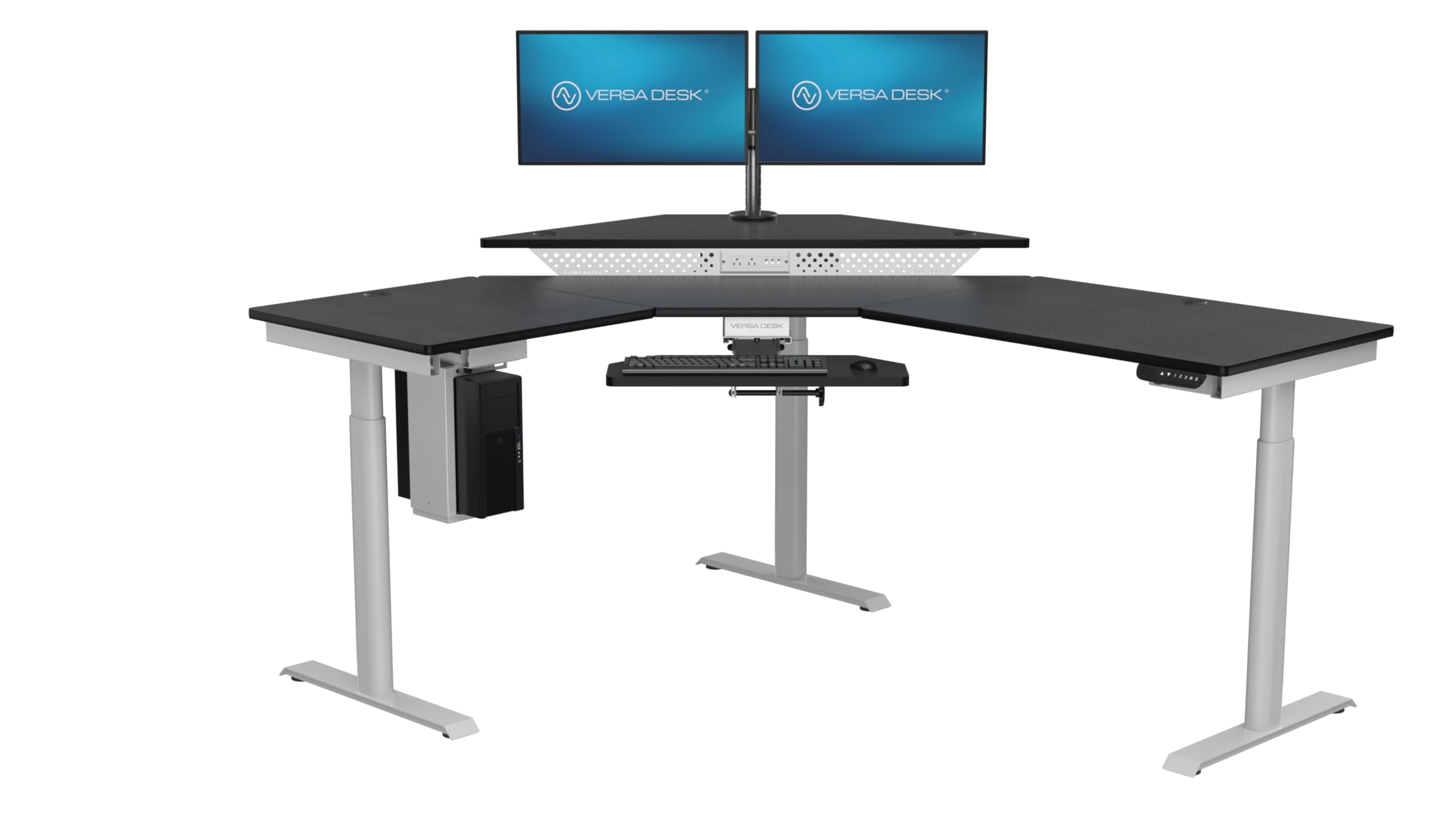 VERSADESK 60" x 72" Electric L-Shaped Corner Standing Desk, Commercial Grade Height Adjustable Sit Stand Workstation, Ergonomic Computer Desk for Home Office, White Frame, Black Surface