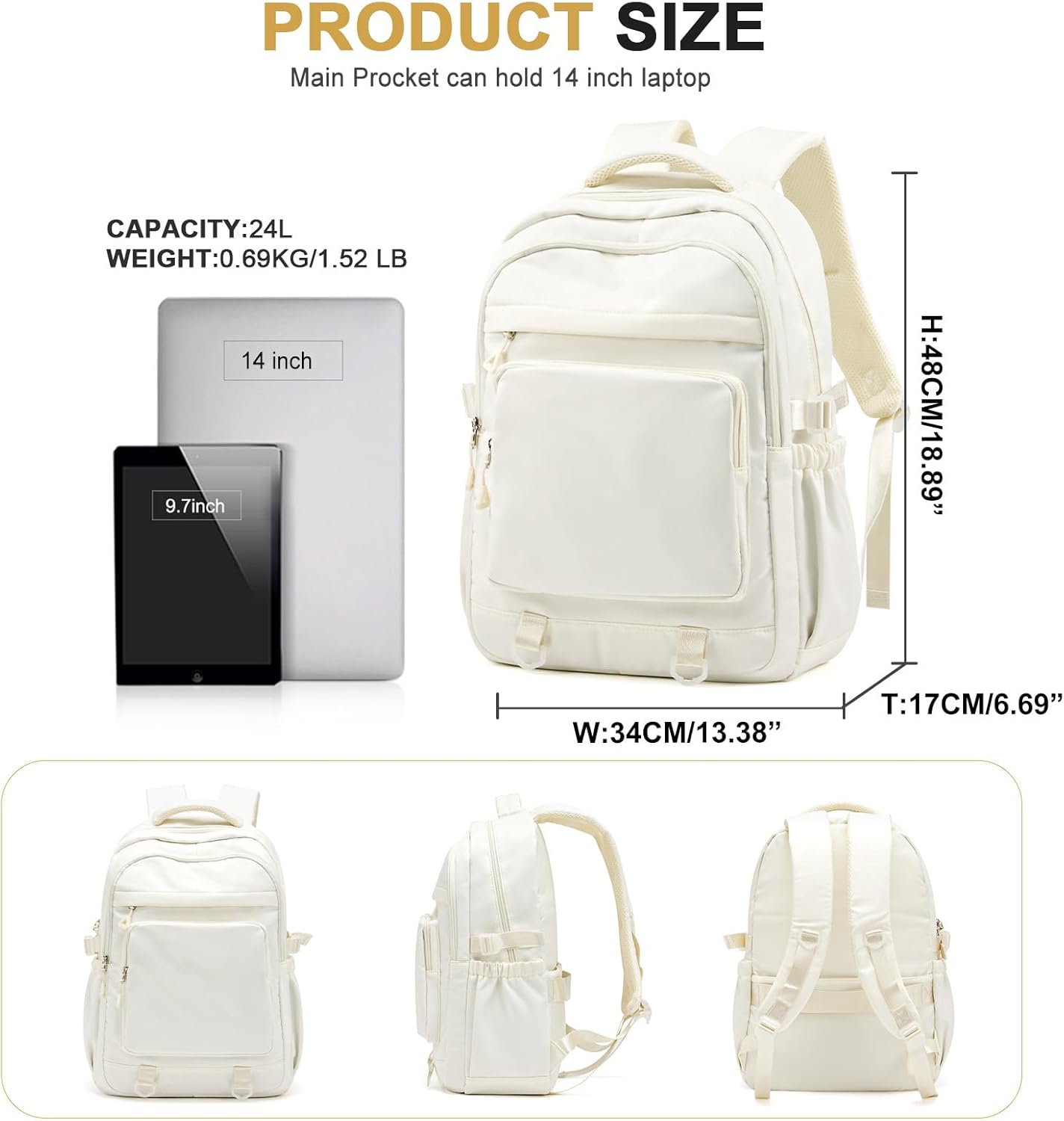 Cute Backpack for College Students Waterproof School Bag High School Backpacks for Teens Girls Boys Laptop Bookbag Casual Daypacks Backpacks for Women Men（Beige） - Image 2