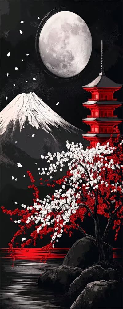 Japanese Landscape Diamond Art Kits Adults Large 5D Tower Full Moon Diamond Painting Kits, DIY Crystal Art Craft Rhinestone Embroidery Cross Stitch for Adults 19.7x39.4 Inch/50x100 cm -LR1158