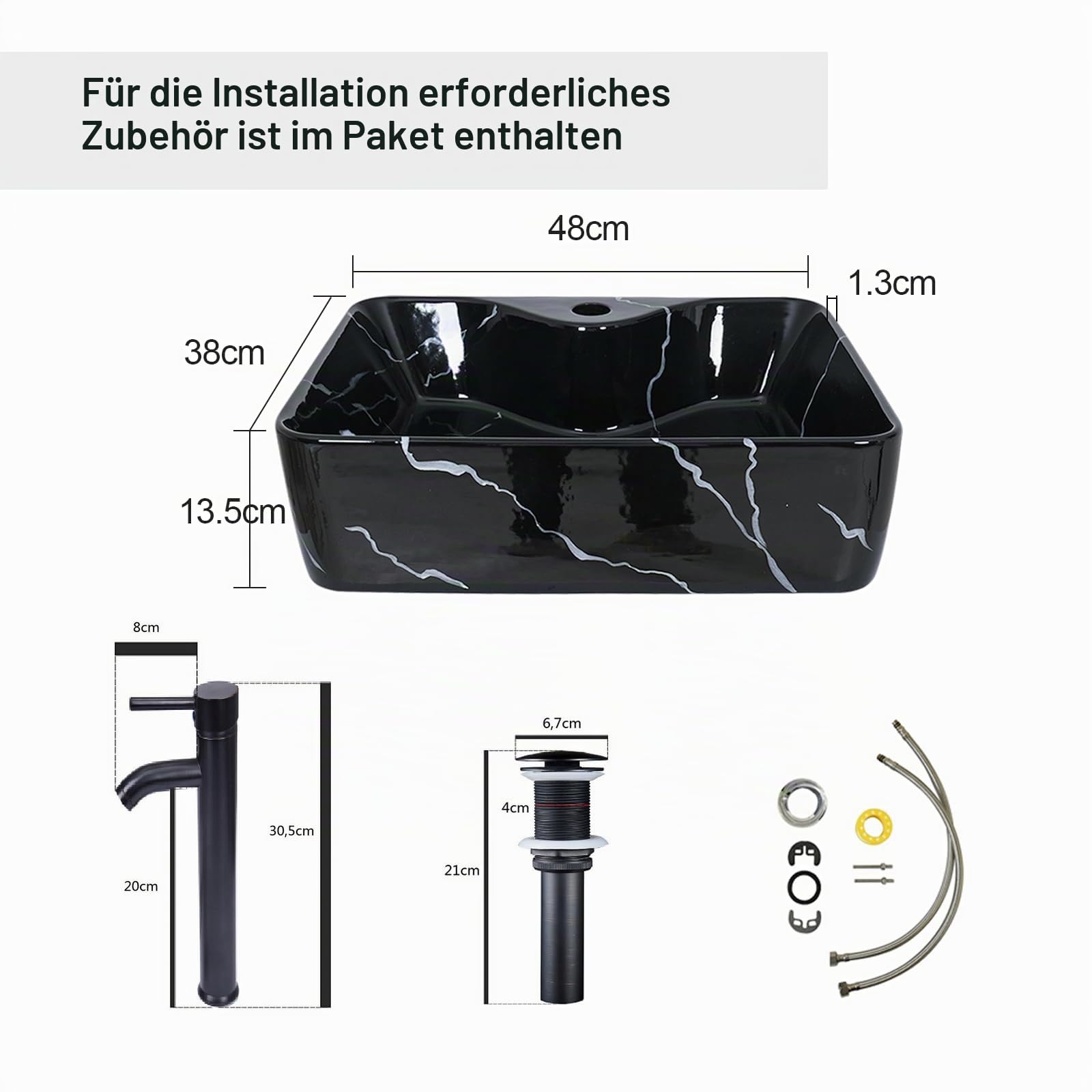 ZealWe Badmöbel-Set Waschtisch mit Unterschrank 60cm, Waschbeckenunterschrank mit Waschbecken, Badezimmermöbel Matt Schwarz Badezimmerschrank Hängend, 2-teilig, für kleine Bäder Gäste WC, Schwarz