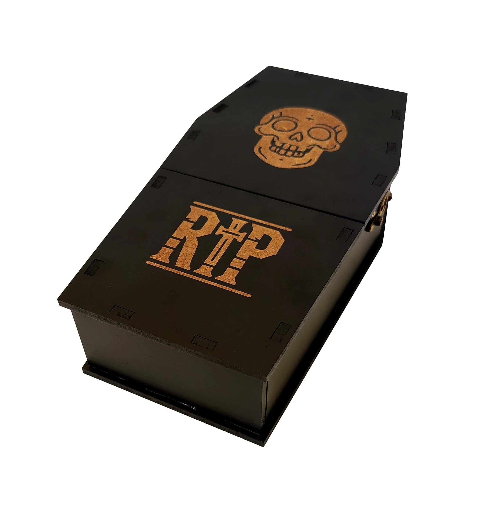 Wooden World - Coffin-shaped box container - with a skull motif and the inscription RIP Halloween decoration – black