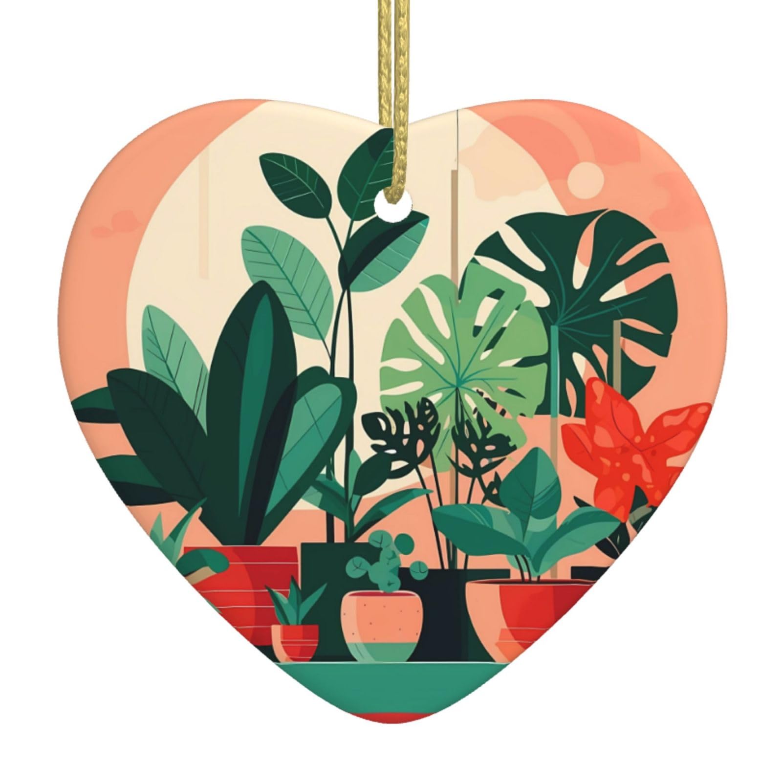 Indoor Potted Green Plants Ceramic Christmas Heart Pendant with Silk Thread, Christmas Tree Home Decoration