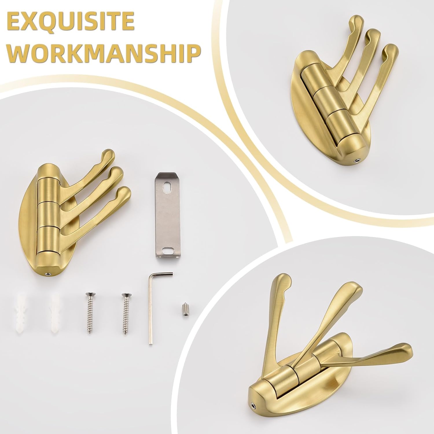 Suyar Brushed Gold Towel Hook, Metal Swivel Towel Holder with 3 Arms, Heavy Duty Coat Robe Hanger, Bathroom Kitchen RV Space Saving Wall Hook