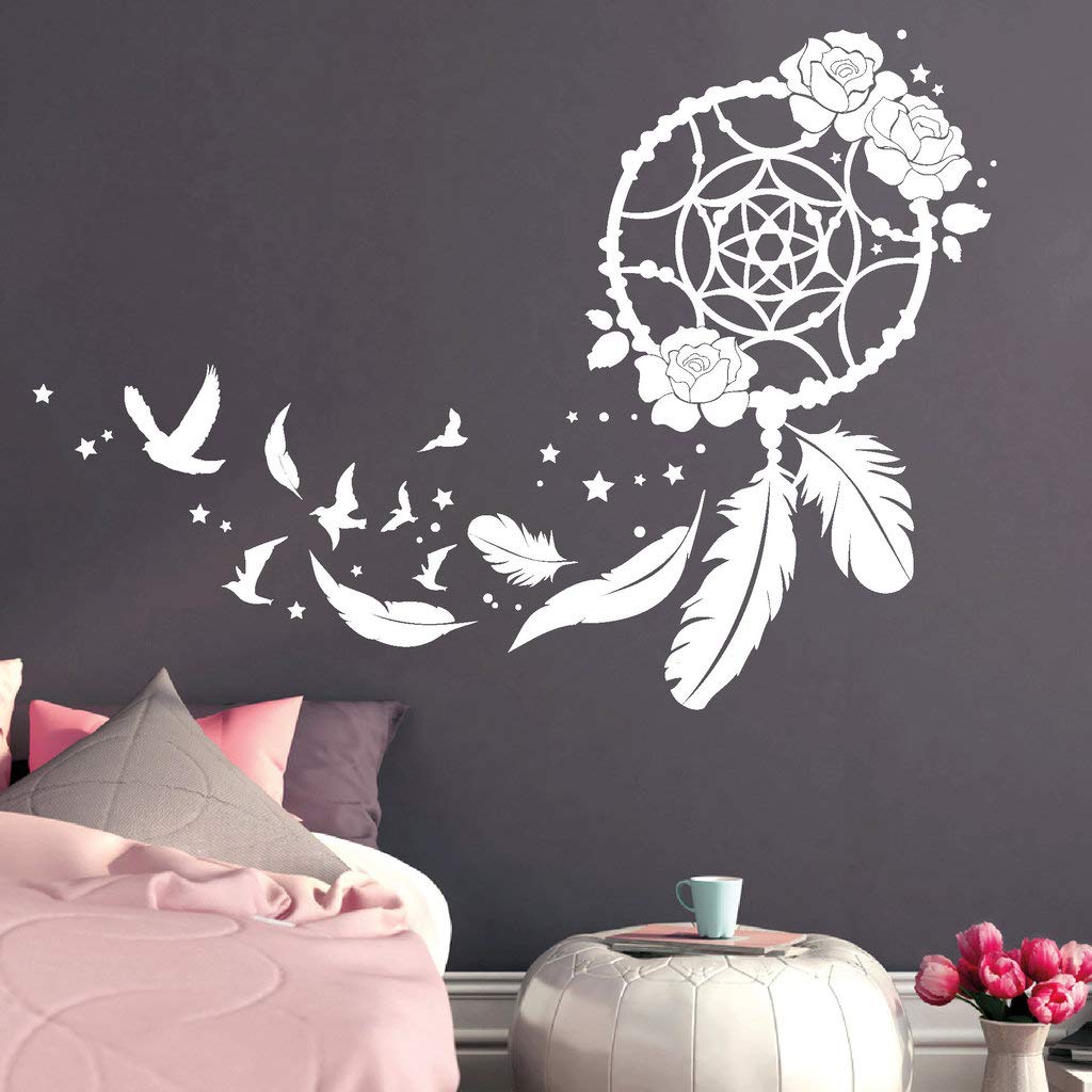 Wandtattoo Traumfänger mit Rosen, Vögeln und Federn/lavendel / 115 cm hoch x 163 cm breit