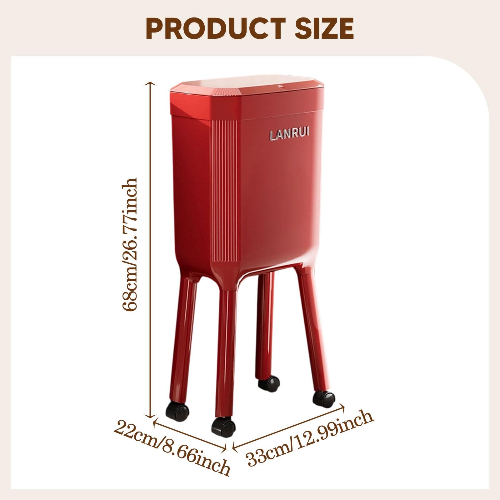 Papelera a presión con ruedas, cubo para papel de desecho, cubo de basura versátil, cesta minimalista para baño y dormitorio, rojo