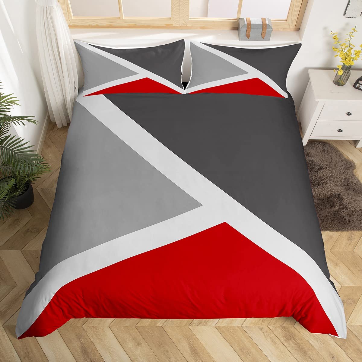 Homewish Patchwork Geometric King Size Duvet Cover Set with 2 Pillowcases - 100% Soft & Breathable Polyester, Zip Closure - Red and Gray Bedding - Modern Simple Pattern with Black Reverse
