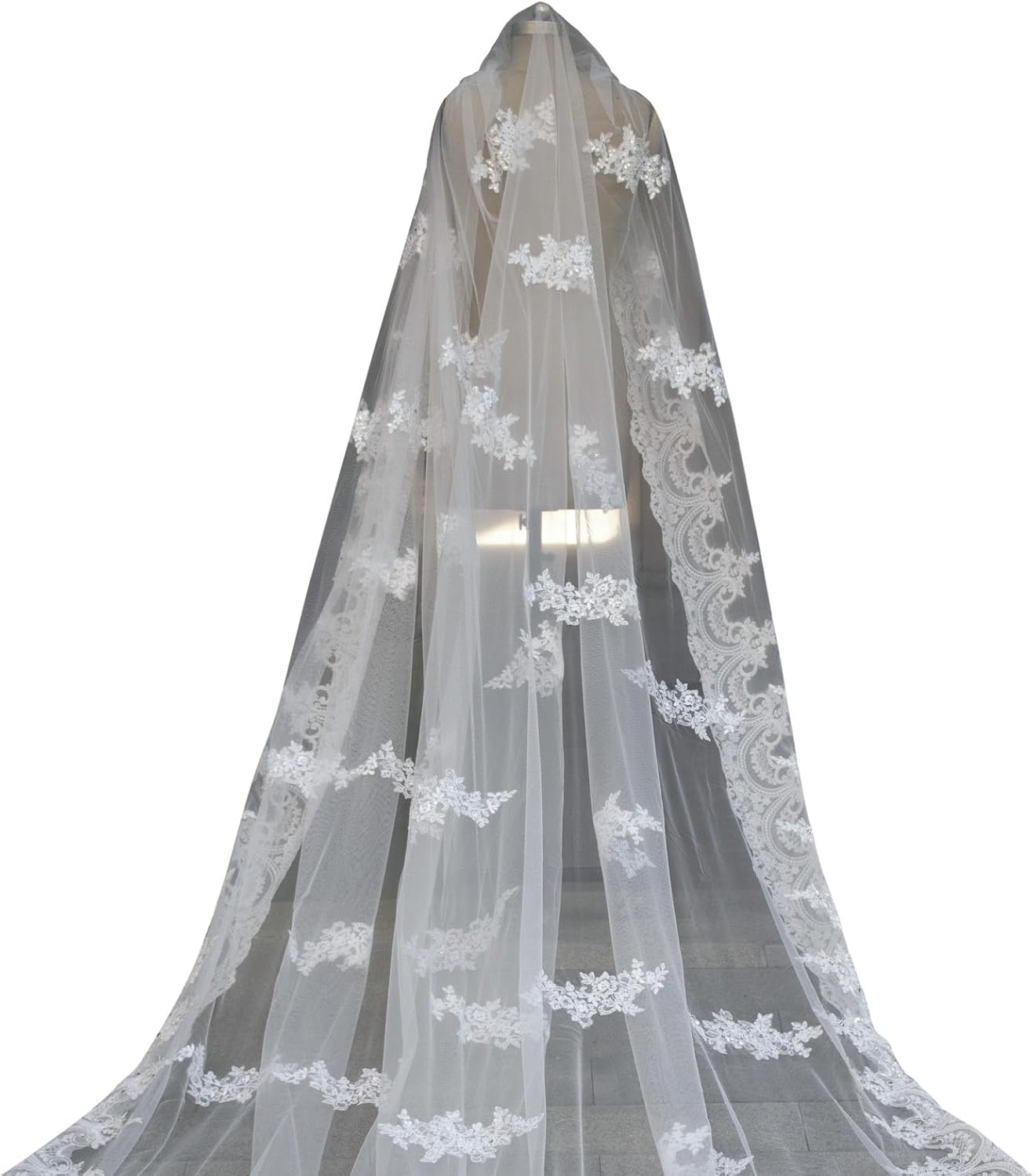Newdeve Ivory 5M 1T Wedding Veils Cathedral with Rhinestones Crystal