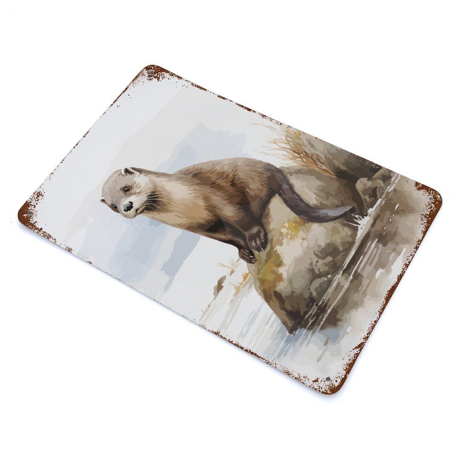 Distressed Metal Wall Sign Otter Watercolor Cute 11.8"x7.9", Vintage Wall Decor for Garage, Bar And Workshop Decor
