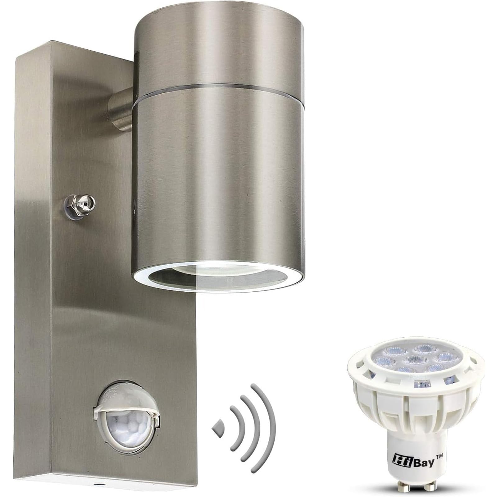HiBay Aplique Pared Exterior/Interior Led con Sensor de Movimiento,1x7W GU10 IP44 Blanco Cálido,Lámpara Pared Moderno Acero Inoxidable Incluye 1 Focos LED