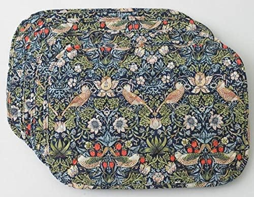 William Morris Blue Strawberry Thief 4 Quilted Cotton Floral Placemats