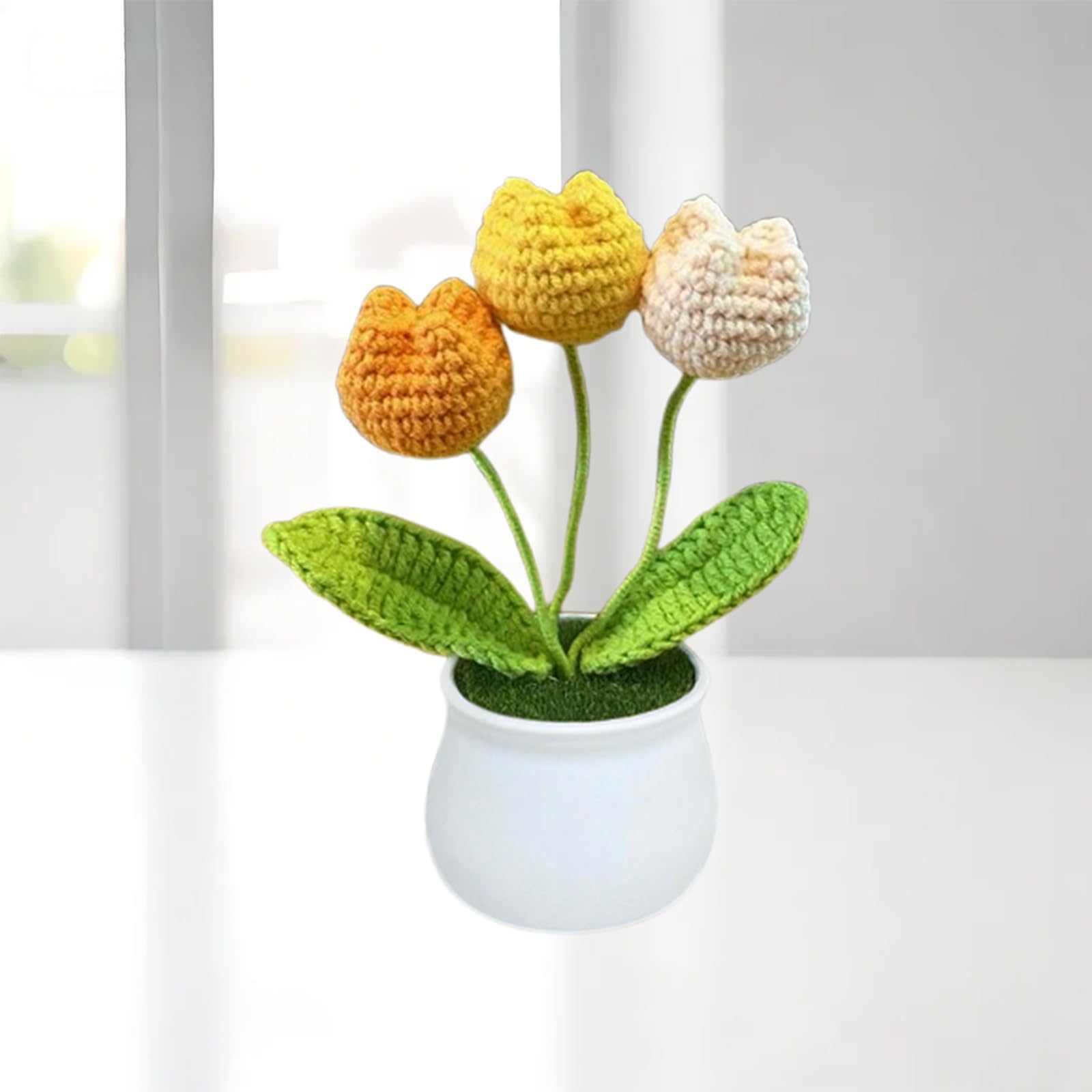Esyzsss Crochet Flower Bouquet,Knitted Flowers,Hand Woven Bell Orchid,Simulated Small Potted Plant With Pure Hand Crocheted Flowers,Suitable For Home And Office Desktop,Car Decoration (yellow tulip)