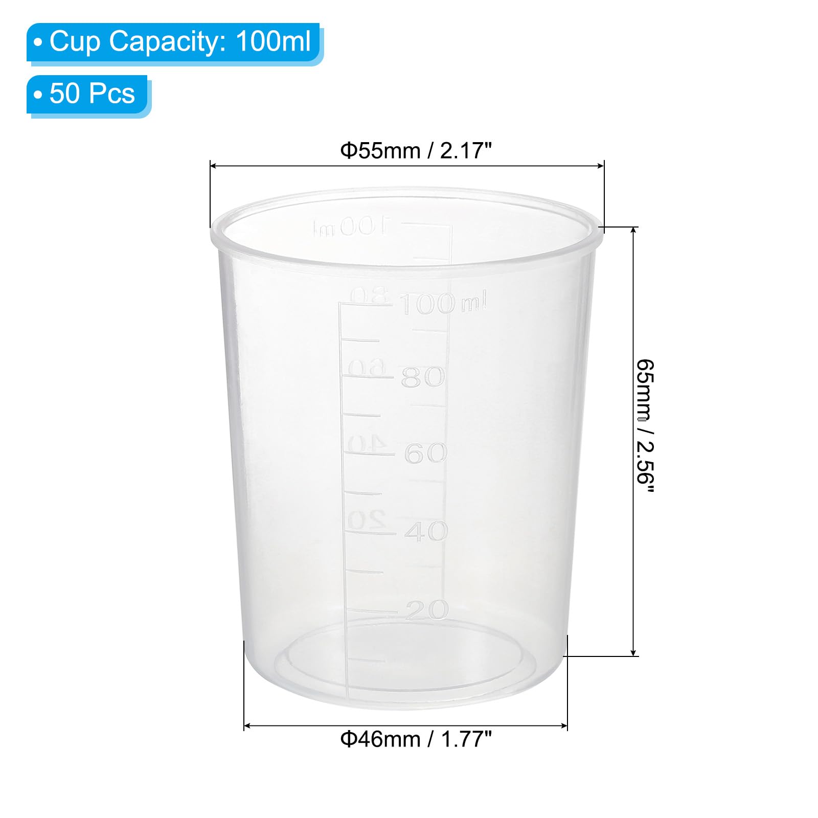 PATIKIL 100Ml Verres Gradués, 50Pièces Béchers Gradués en Polypropylène pour Expériences de Laboratoire, Cuisine et Pâtisserie, Transplantation