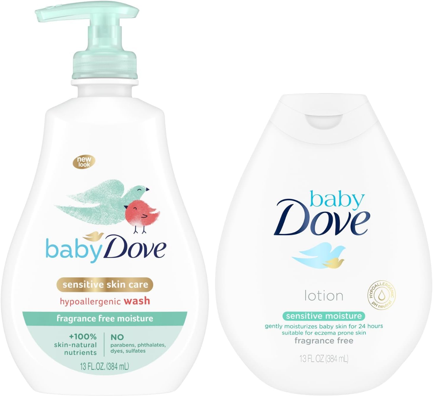 Dove Baby Sensitive Skin Care Bundle – Hypoallergenic Wash & Baby Lotion, Fragrance Free Moisture, Gift Set, 13 Oz Ea (2 Piece Set)