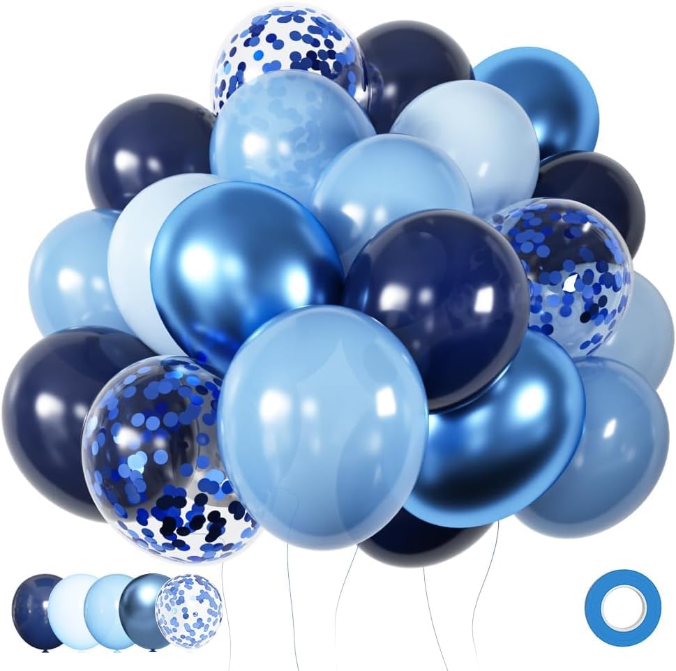 Luftballons Blau 60 Stück 12 zoll, Blaue Ballons Navy Pastell Blau Hellblau Latex Luftballons Metallic Konfetti Ballons Set für Mann Geburtstag Hochzeit Weihnachten Abschluss Party Deko