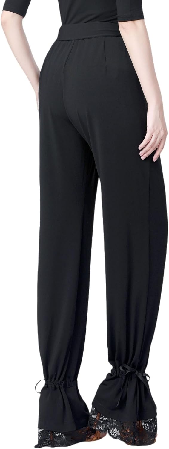 Women's Elastic Waist Latin Dance Training Suit Lace-up Lacework Trousers Ballroom Dance Pants - Image 5