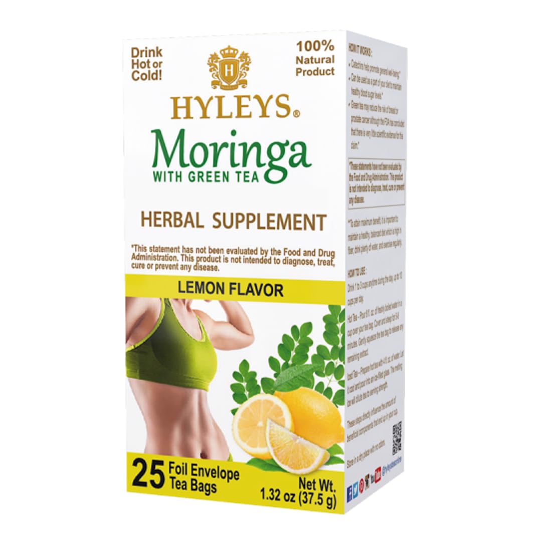 Hyleys Moringa Oleifera and Green Tea Lemon Flavor - 25 Tea Bags - Superfood Miracle Tree Tea with Dried Moringa Oleifera Leaves