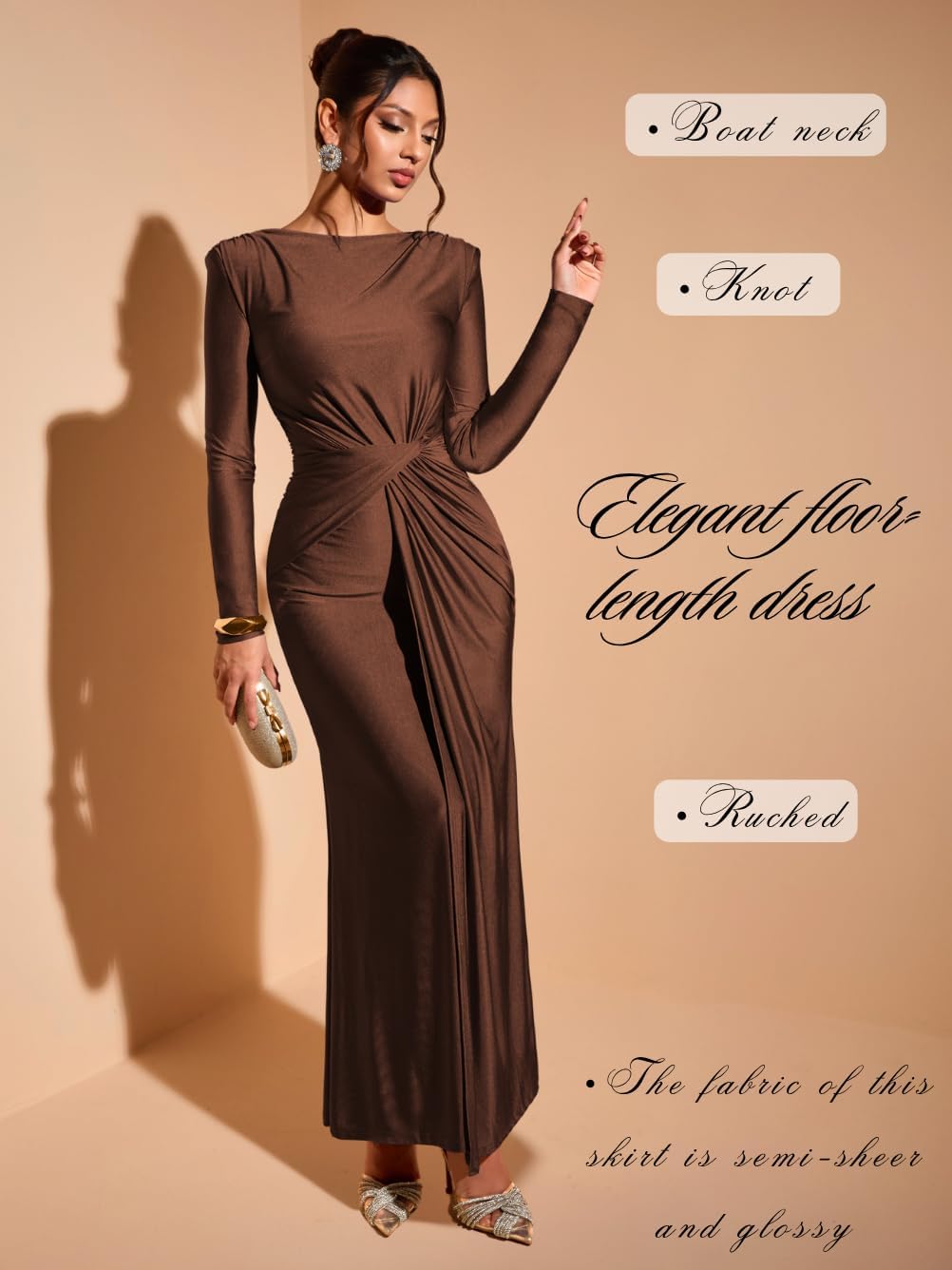 Floor-Length Bodycon Dress, Boat-Neck Ruched, Fall Long Sleeve, Semi-Formal Cocktail Evening-Gowns for Women
