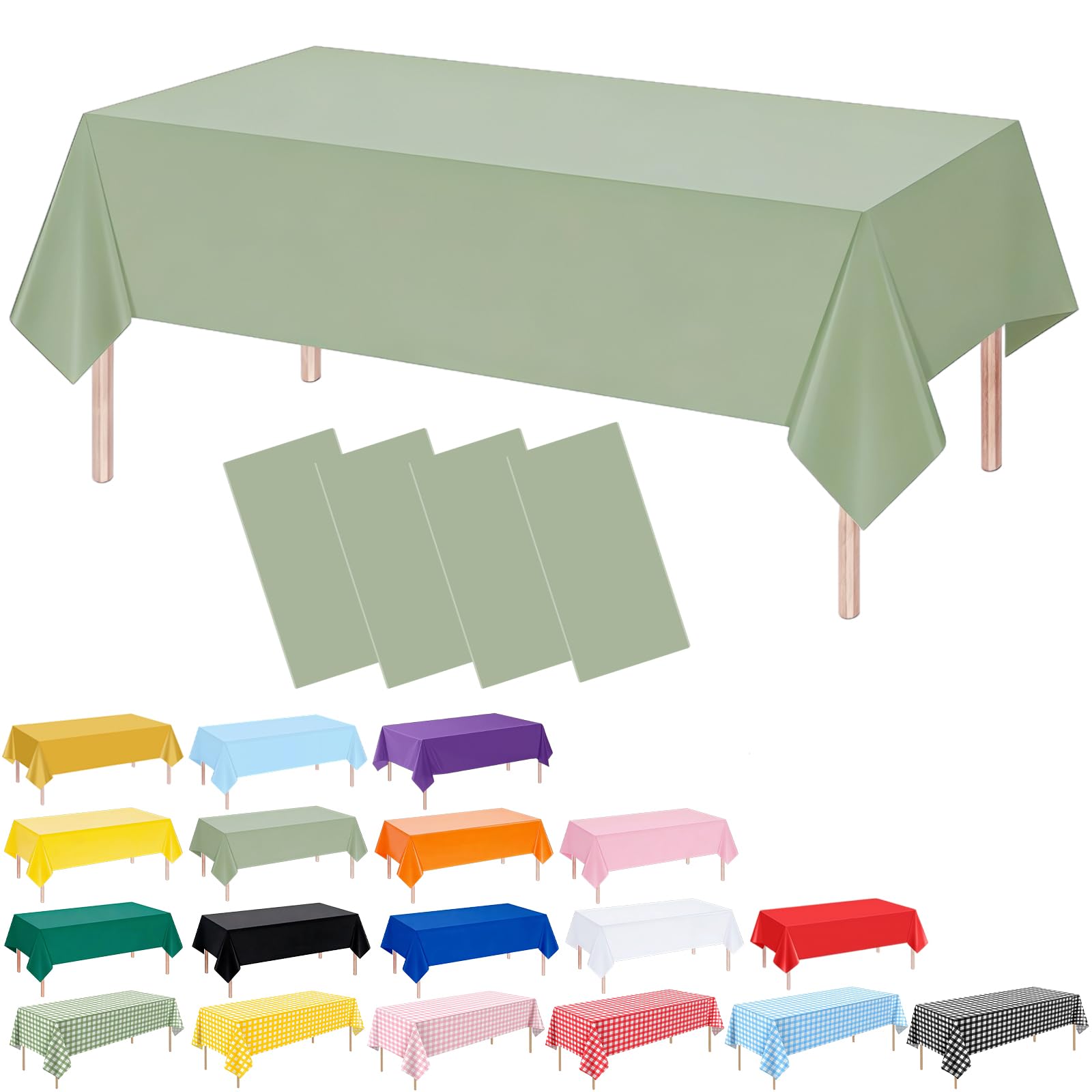 4 Pack Sage Green Disposable Plastic Table Cloths, 137 x 274 cm PEVA Tablecloths for Rectangle Tables, Waterproof Wipe Clean Party Table Covers for Wedding Birthday Picnic BBQ