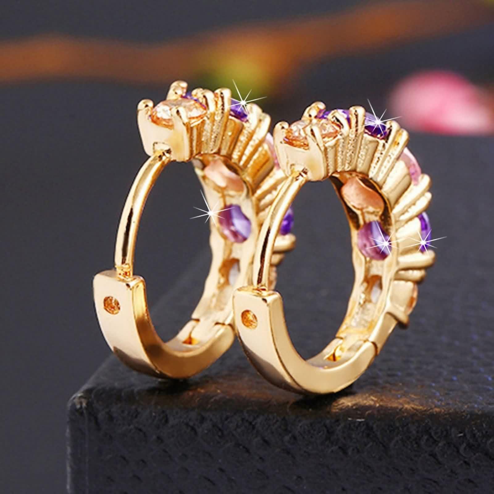Pendientes de aro para mujer, oro amarillo de 14 quilates, Au585, multicolor, amatista rosa, cristal aro, pendientes de aro para mujer, pequeños pendientes de oro de 14 quilates