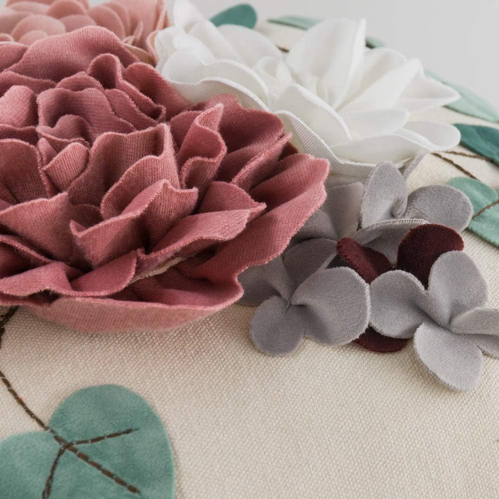 JWH Decorative 3D Flower Throw Pillow Cover Handmade Floral Accent Cushion Colorful Pillowcase for Living Room Bed Couch Chair 18x18 Inch Beige Pink