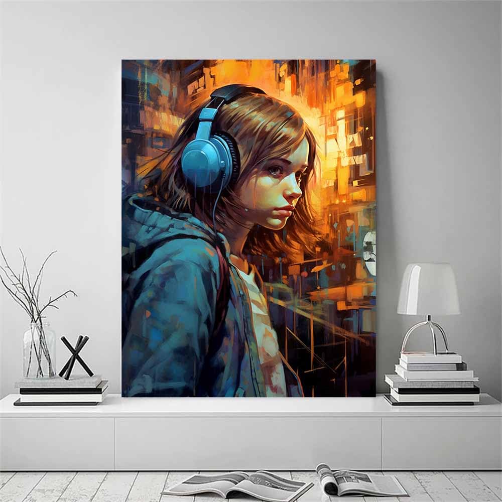 TERUEA Quadro su Tela arte Stampe da Parete, Amante Musica Astratto Cuffie ritratto, immagine femminile per camera da letto delle(Blu)-60x90cm Incorniciato