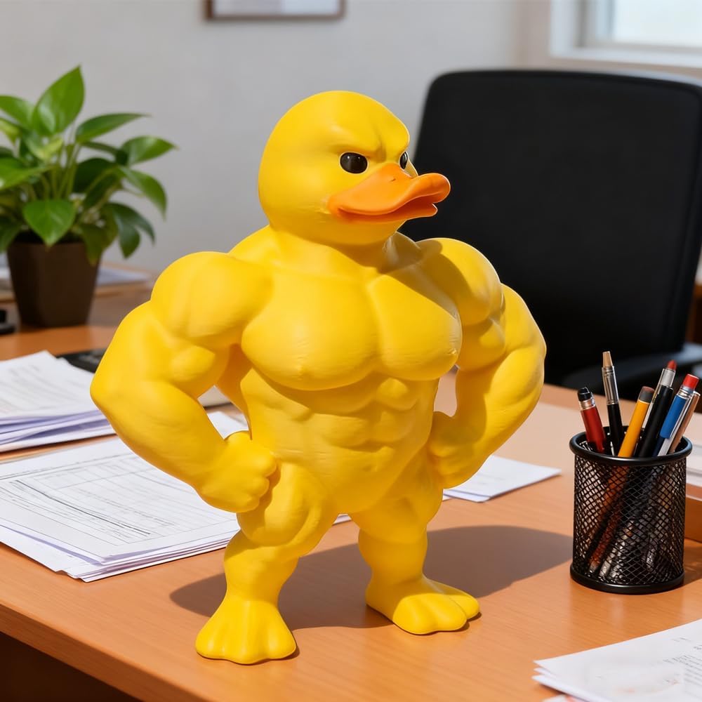 Flexing Muscle Duck Statue, Muscular Rubber Ducks, 3D Printed, Funny Bodybuilder Duck Collectible Desktop Sculpture, for Office Desk Home Decor