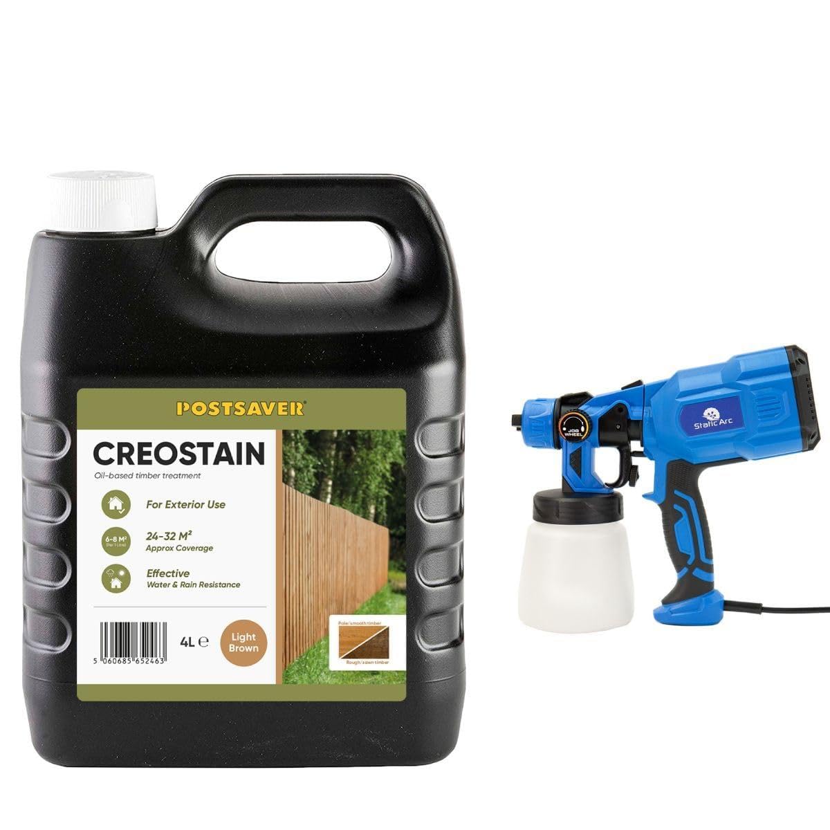 Postsaver Creostain Creocote & Electric Hand Sprayer | Oil Based Wood Treatment | Creosote Substitute | for Fences & Sheds | 4 Litre + Sprayer (Light Brown)