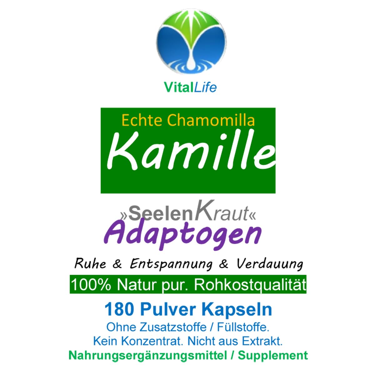 Echte KAMILLE Chamomilla Kamillenblüten 180 Kapseln - MAGEN & DARM - Adaptogen + Seelenkraut für ENTSPANNUNG. 100% NATUR PUR - OHNE ZUSATZSTOFFE. 27120-180