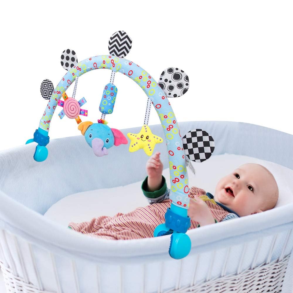 Caterbee Travel Arch Baby Bassinet Mobile Toys for Infant &amp; Toddlers, Clip-On Stroller &amp; Crib Activity Toy Bar with Hanging Toys, 0 Months+ (Elephant)
