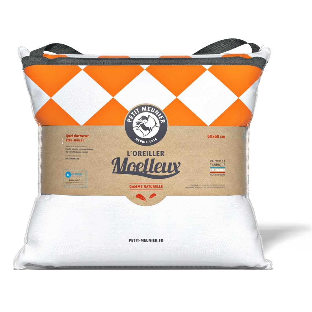 Petit Meunier - Le Moelleux Naturel-​Oreiller Moelleux carré 60x60cm-​Maintien cervical-​10% Duvet 90% Plumettes-​Dormir sur Le Dos - Anti Transpirant - Thermorégulateur - Oeko-​TEX - Fabriqué en France