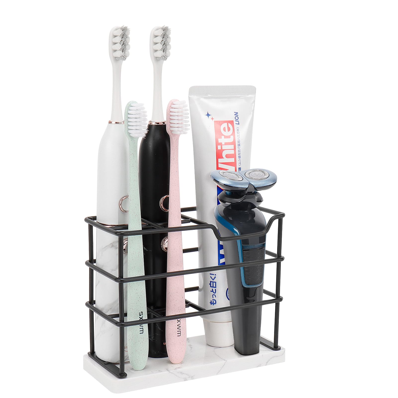 HarJue Toothbrush Holder, Luxurious Metal Toothbrush Toothpaste Holder for Bathroom, Multi-Slots Openwork Design, Bathroom Accessory for Storage and Organizer (Marble Base -5 Slots, Black)