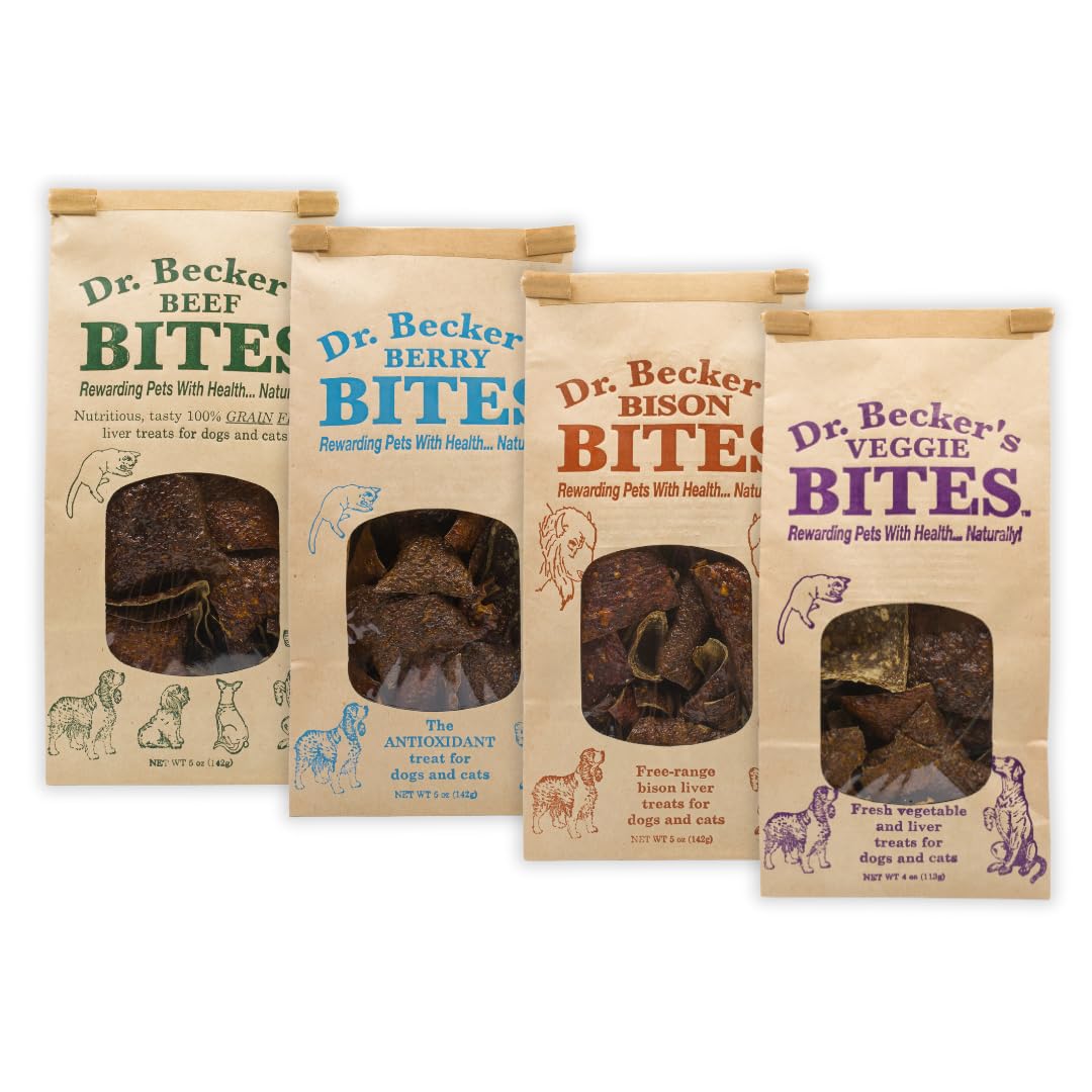 Dr. Becker's Bites Flavor Variety Pack | All Natural Whole Food | Four Versatile Treats for Dogs and Cats | Includes Bison, Beef, Veggie & Berry Bites