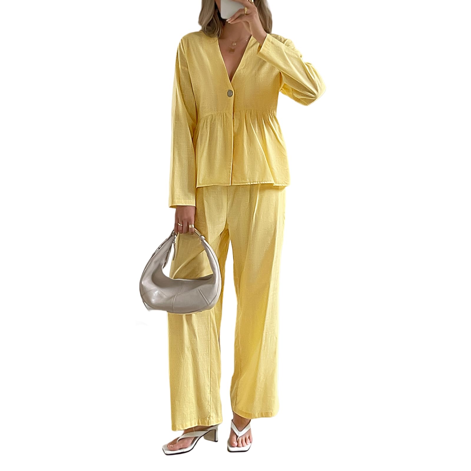 Generisch Set da donna casual in due pezzi autunno felpa con scollo a V, pantaloni larghi a gamba larga, tuta con bottoni, abbigliamento invernale