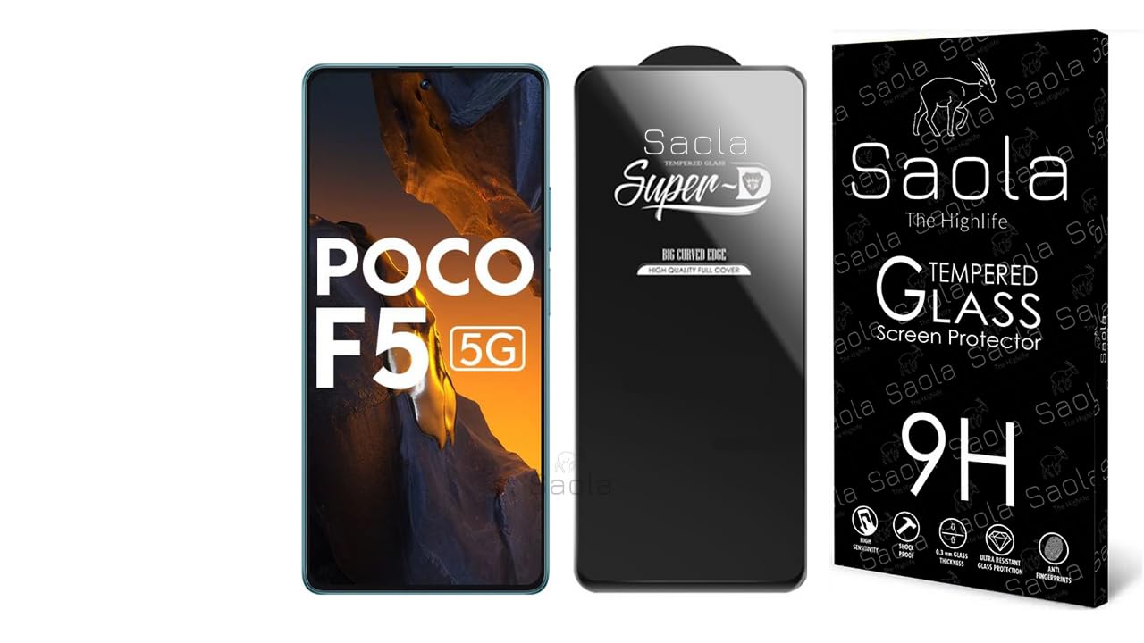 Saola Hd+ Oleophobic Tempered Glass Full Screen Protector For Poco F5 Smartphone(Pack Of 1)With Free Installation Kit. Full Screen Coverage-6.67 Inch