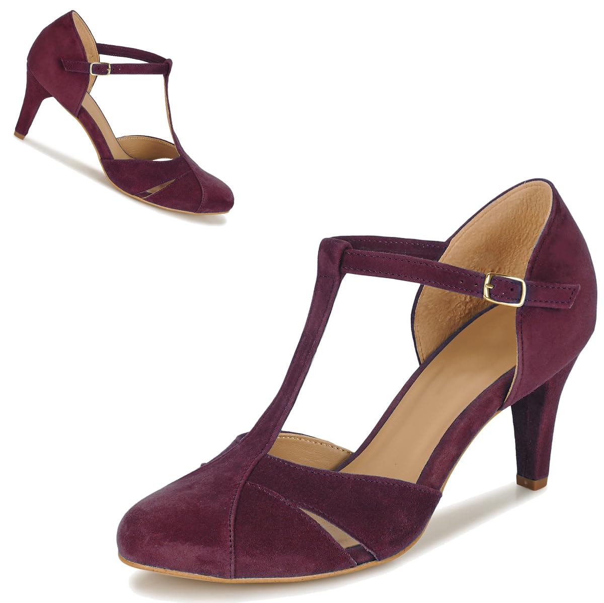 Women Kitten Heels Mary Jane Pumps Shoes Ankle T-Strap Closed Round Toe Sandals Heeled Cut Out Suede Mary Janes Dress Shoe Mid Thin Heel Patchwork Office Ladies Wedding Party Dance 4-11 M US