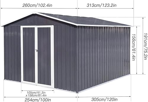 Miniatura 7 de Cobertizos para exteriores de 10 x 8 pies y espacio de almacenamiento al aire libre, casa de herramientas de metal anticorrosión con puerta con