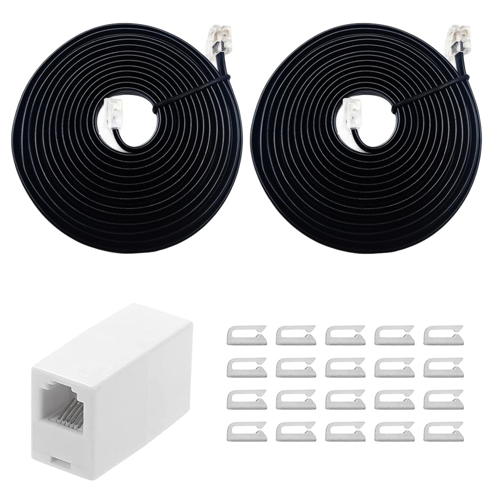 SINCODA Phone line Cord, 2 Pack Telephone Extension Cord 8 Feet,with Standard RJ12 Plug and RJ12 6P6C 1 in-Line Couplers and 20 Cable Clip Holders for