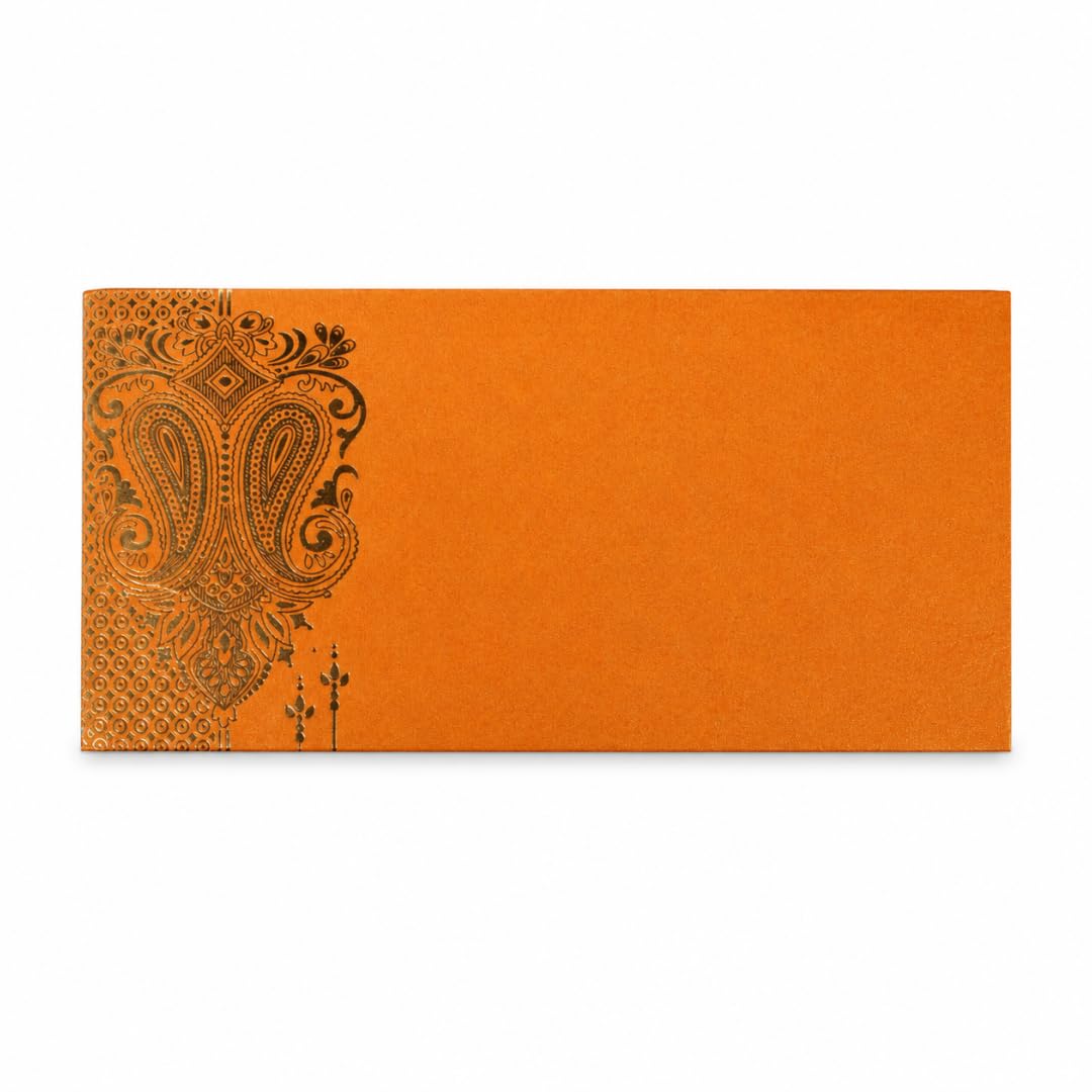 DEV SANKET Bright Orange Shagun Money Envelopes with Gold Floral Corner Design for Weddings, Festivals & Cash Gifting – Pack of 10
