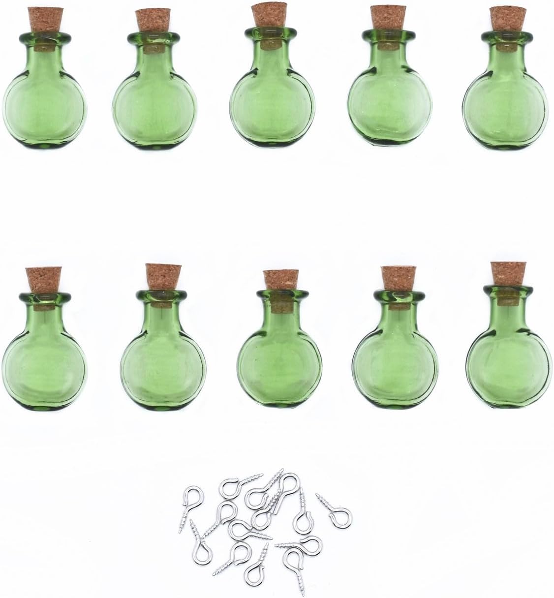 10 Pieces Vibrant Colored Tiny Flat Oval Spell Jars – Glass Mini Potion Wishing bottles with Cork Stoppers for Wedding, Party, and DIY Crafts Supplies (Green)
