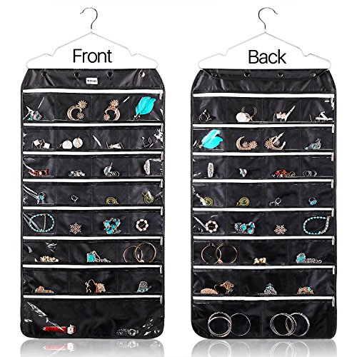 Rerii Hanging Jewelry Organizer, Double Sided Jewelry Holder with Built-in Zipper Hanger Organizer