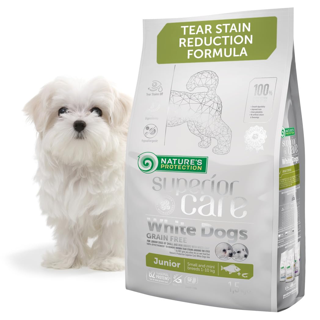 Nature's Protection Superior Care Grain Free Dog Food for Junior White Dogs - Hypoallergenic Dog Food with White Fish - Small Dog Dry Food Reduces Tear Stains, Promotes Healthy Skin & Coat, 1.5kg