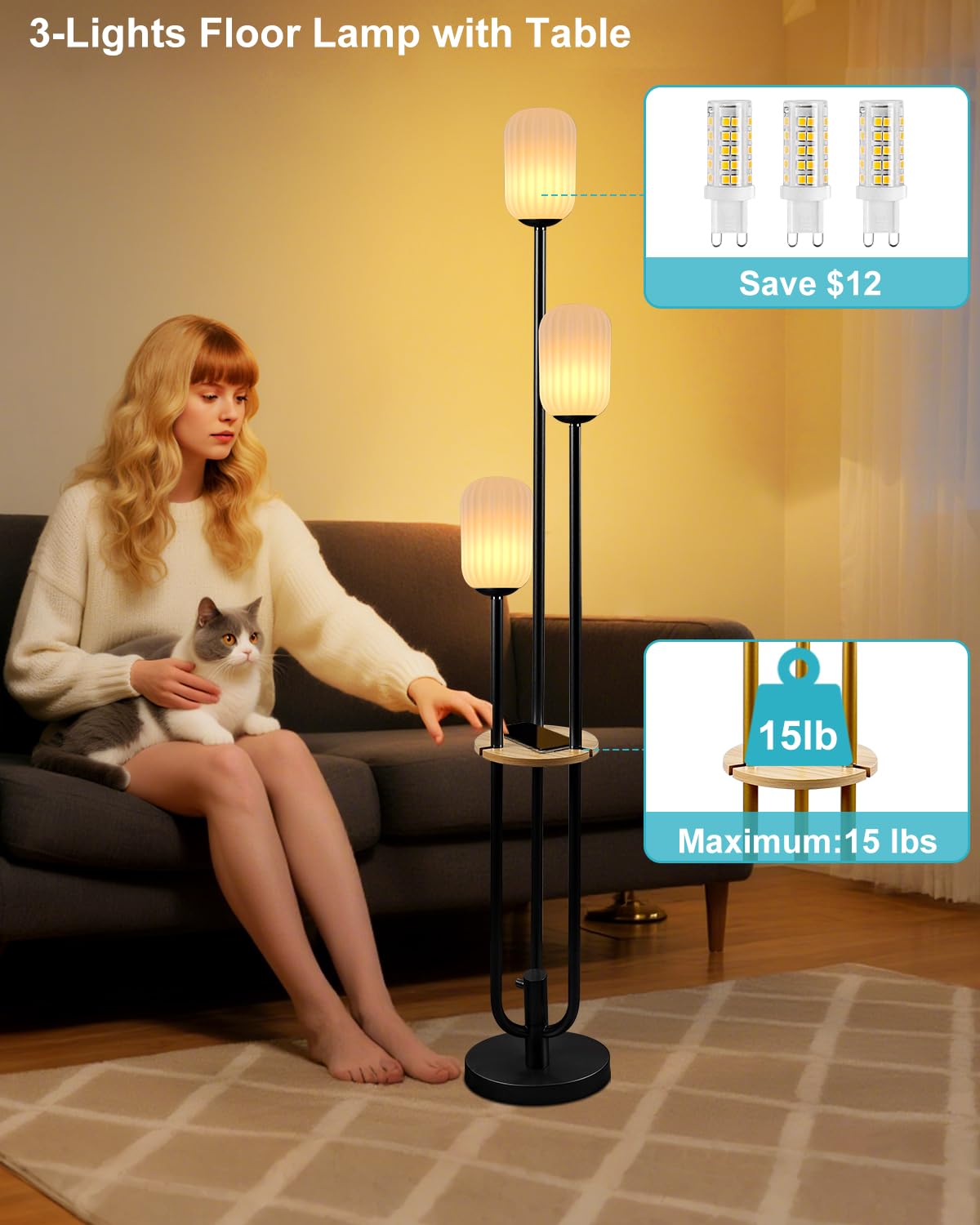 Lampa podłogowa do salonu, ściemniana lampa podłogowa w stylu vintage, z półką i żarówkami LED, 3 światła, 3000 K, miękka, ciepła biel, z połowy wieku, wysokie lampy do sypialni, biura