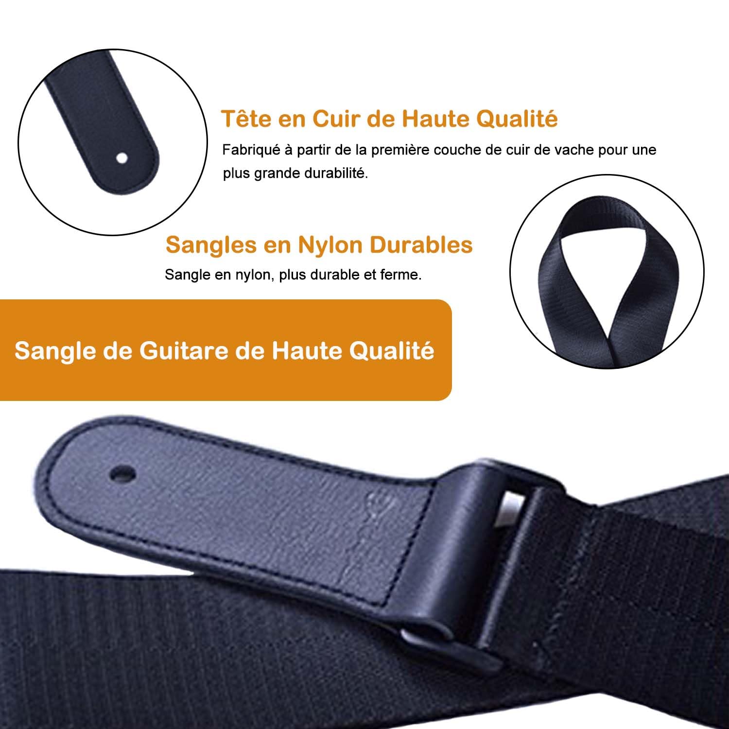 Image secondaire de Sangle de Guitare Réglable en Nylon avec Extrémité en Cuir - Confort et Élégance pour Musiciens