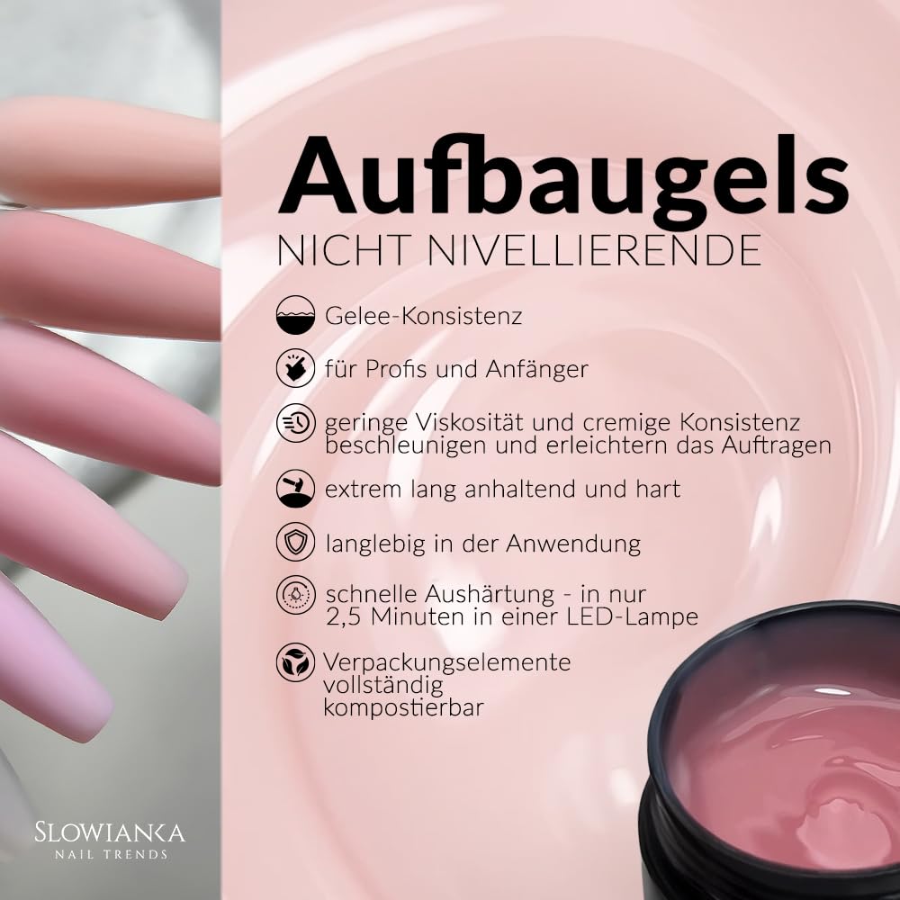 Slowianka Nail Trends Konstruktionsgel, Baugel UV, LED Gel, Smoky Cover Aufbaugel 50g Aufbaugel für Gelnägel, Build Gel für UV Lampe Rosa