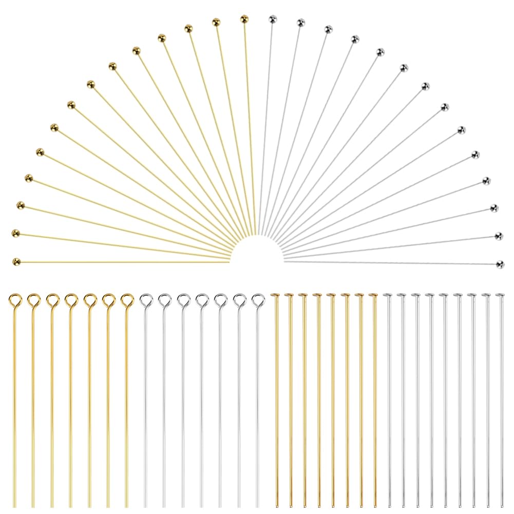 SOFPLATE 1 Box 600Pcs 6 Styles Silver Flat Head Pins Craft Jewelry Pins 5cm Brass Gold Eye Small Round Ball Headpins Findings Accessories for Jewelry Making Earring Charm Bracelet Supplies DIY Craft